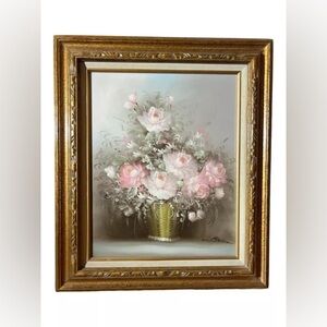 Oil Painting Pink Flowers In Green Vase Signed Rossco